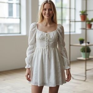 505. Floral Embroidered Puff Sleeve Dress In White